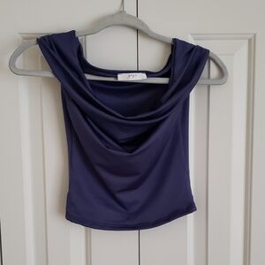 Purple satin draped cowl neck tank top